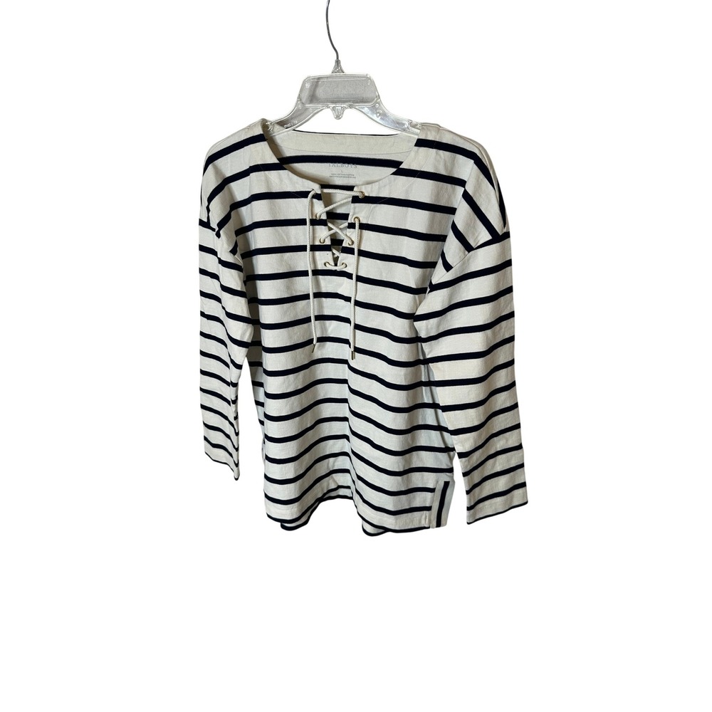 Talbots Womens Striped Lace Up Long Sleeve Cotton Sweater Top